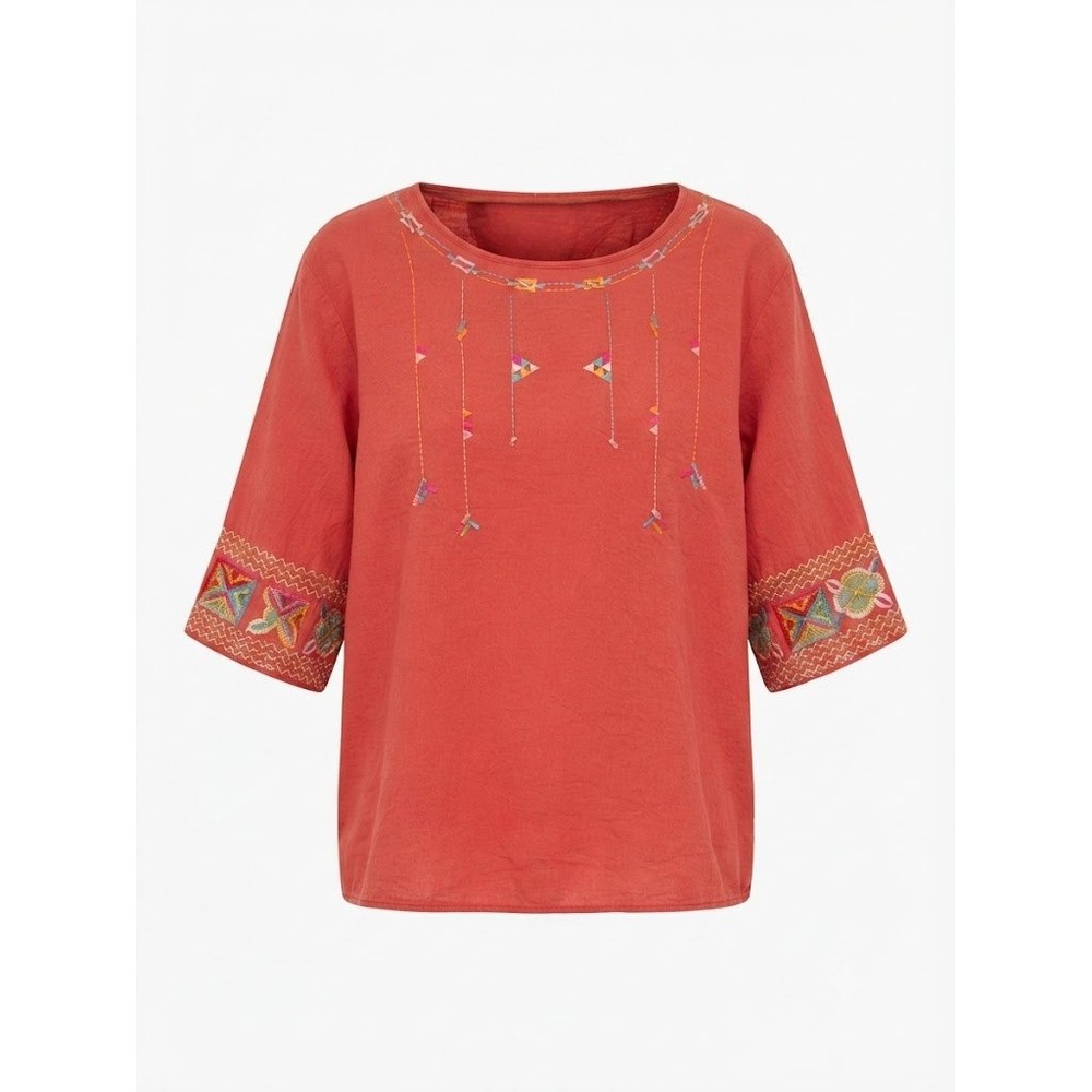 Bohemian Embroidered Terracotta Blouse XL Earthy Rustic Desert Top